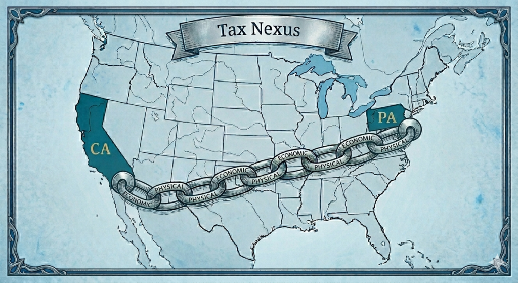 Map illustrating tax nexus connections, multi-state, nexus, tax, income tax, tax saving strategies